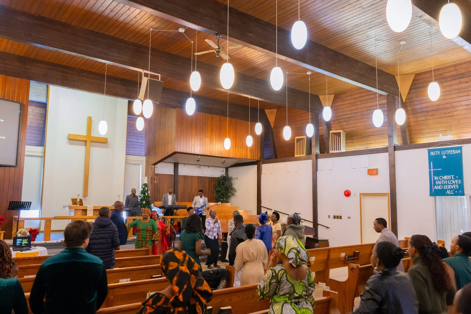 The Carmel congregation gathering in the sanctuary